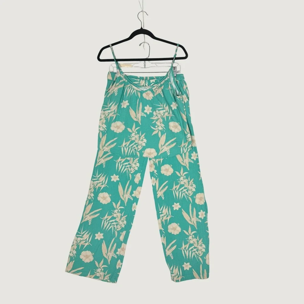 PJ Salvage Teal Green Tropical Floral Gauze 2 Piece Pajama Set Cami Pants Small